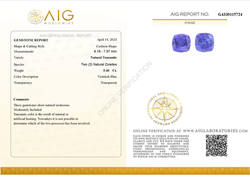 2 pcs Tanzanite  - 5.4 ct - Cushion - Violetish Blue - Transparent