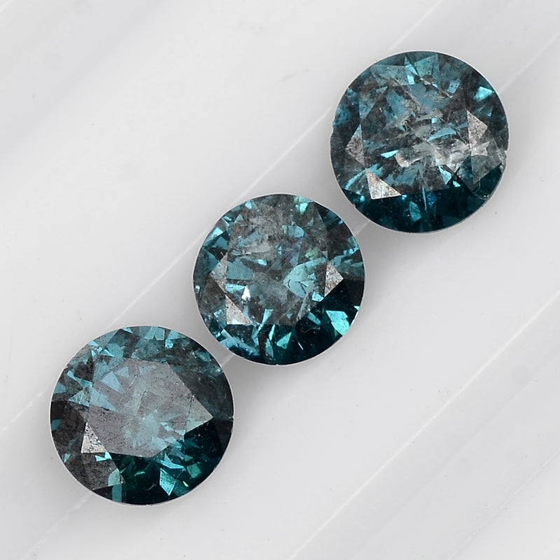 3 pcs Diamond  - 1.08 ct - ROUND - Fancy Deep Greenish Blue - I2