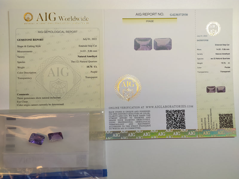 2 pcs Amethyst  - 10.76 ct - Octagon - Purple - Transparent