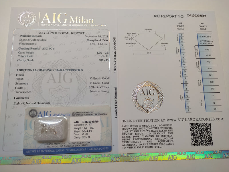 Marquise & Pear G-H Color Diamond 1.06 Carat - AIG Certified