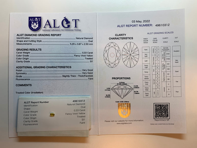 Oval Fancy Vivid Yellow Color Diamond 0.33 Carat - ALGT Certified
