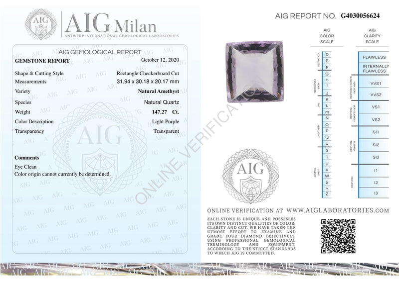 147.27 Carat Rectangular Light Purple Amethyst Gemstone