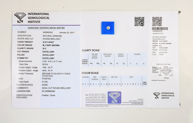 Round M, Faint Brown Color Diamond 0.32 Carat - IGI Certified