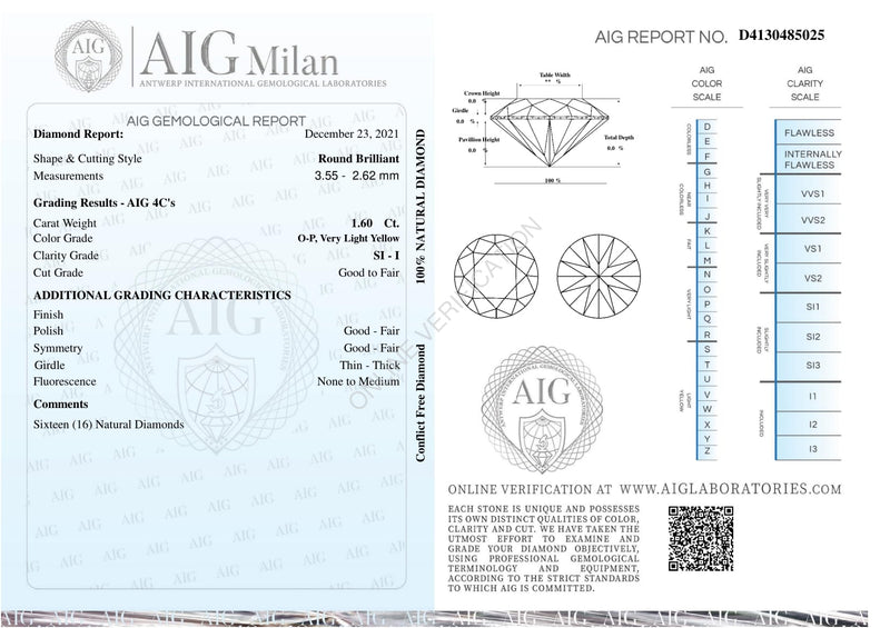 Round O-P, Very Light Yellow Color Diamond 1.60 Carat - AIG Certified
