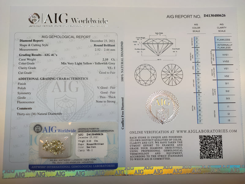 Round Mix Very Light Yellow - Yellowish Grey Color Diamond 2.10 Carat - AIG Certified