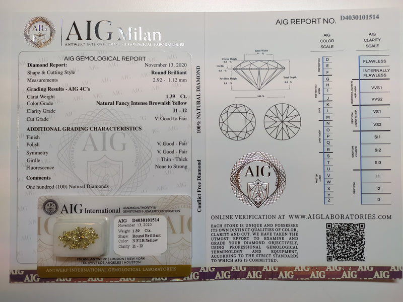 1.39 Carat Brilliant Round Fancy Intense Brownish Yellow I1-I2 Diamonds-AIG Certified