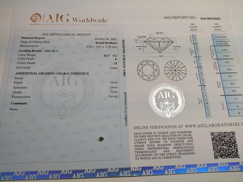 Round P Color Diamond 0.27 Carat - AIG Certified