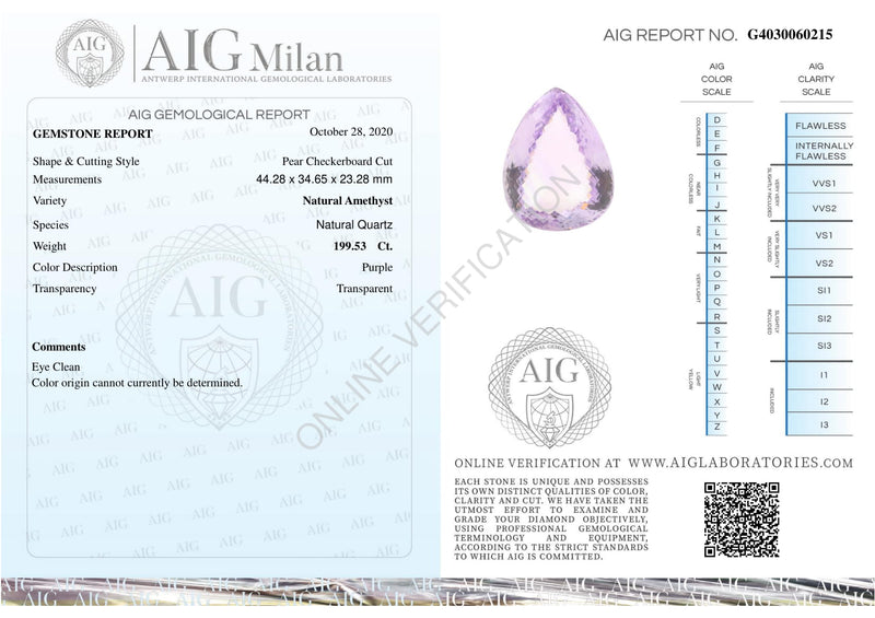 199.53 Carat Pear Purple Amethyst Gemstone