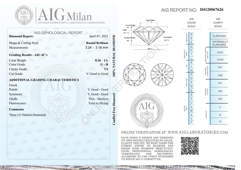 0.36 Carat Brilliant Round G-H VS Diamonds-AIG Certified