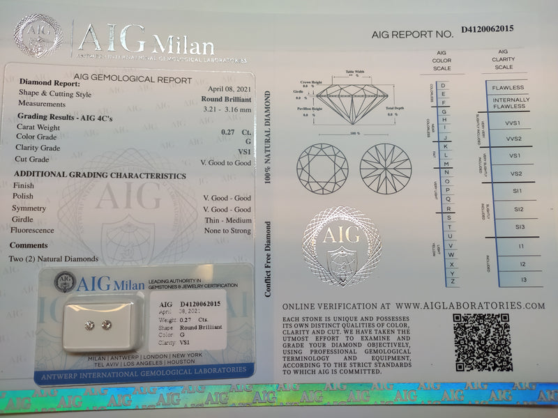 0.27 Carat Brilliant Round G VS1 Diamonds-AIG Certified
