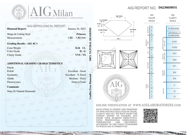 Princess D - G Color Diamond 0.24 Carat - AIG Certified