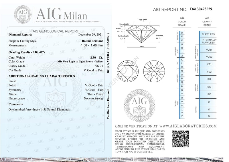 Round Mix Very Light to Light Brown - Yellow Color Diamond 2.30 Carat - AIG Certified