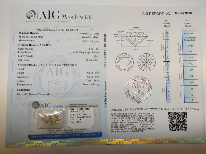 Round O-P, Very Light Yellow Color Diamond 2.36 Carat - AIG Certified