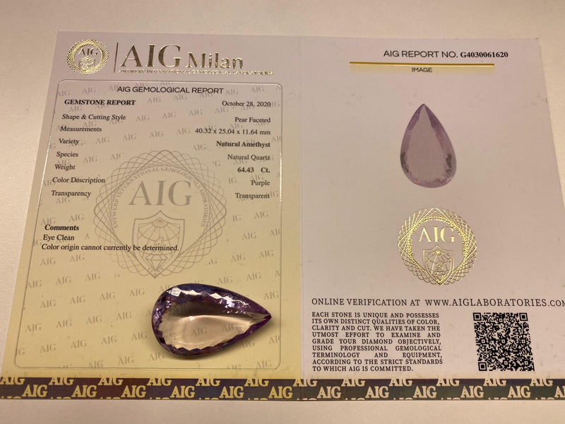64.43 Carat Pear Purple Amethyst Gemstone