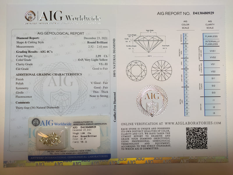 Round O-P, Very Light Yellow Color Diamond 1.99 Carat - AIG Certified