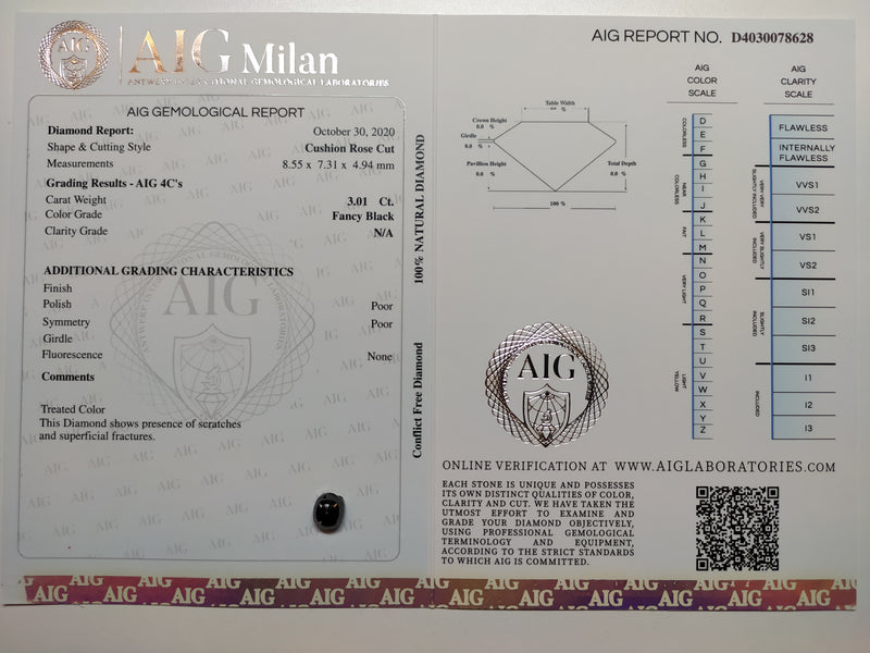 3.01 Carat Rose Cut Cushion Fancy Black Diamond-AIG Certified