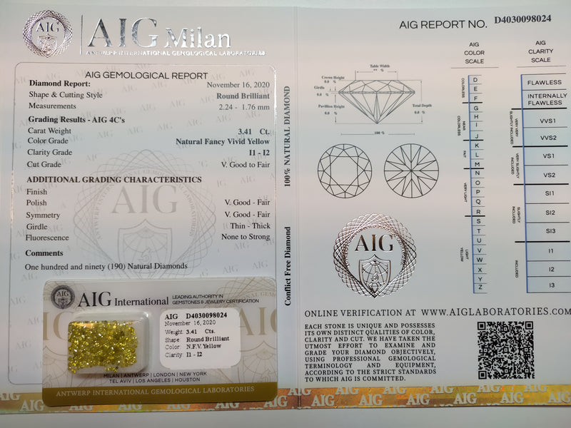 3.41 Carat Brilliant Round Fancy Vivid Yellow I1-I2 Diamonds-AIG Certified