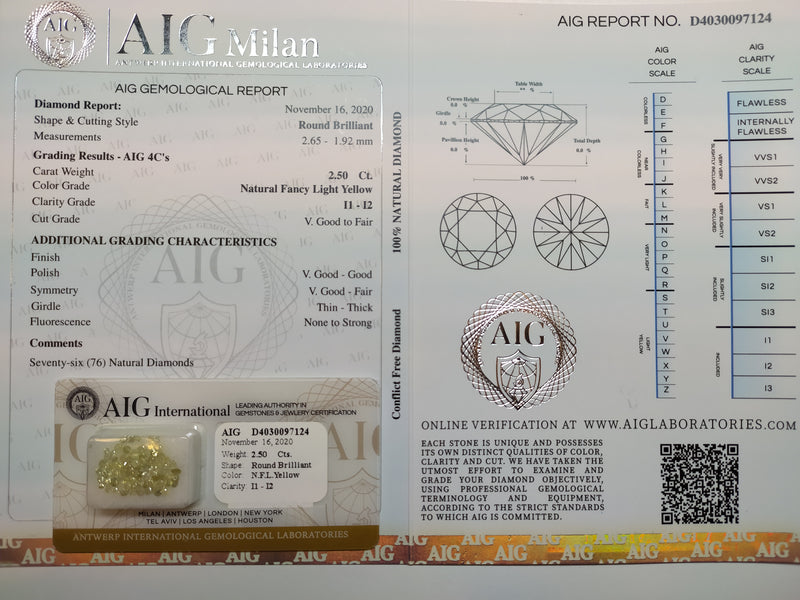 2.50 Carat Brilliant Round Fancy Light Yellow I1-I2 Diamonds-AIG Certified