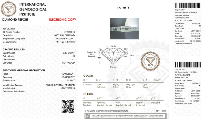 Round M Color Diamond 0.30 Carat - IGI Certified