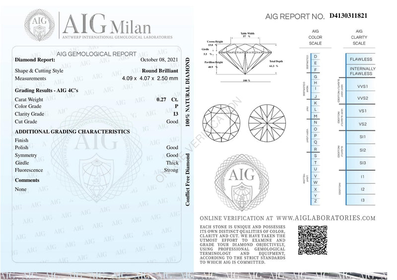 Round P Color Diamond 0.27 Carat - AIG Certified