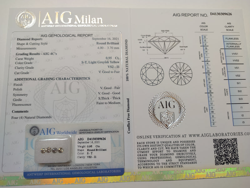 Round S-T, Light Greyish Yellow Color Diamond 0.95 Carat - AIG Certified
