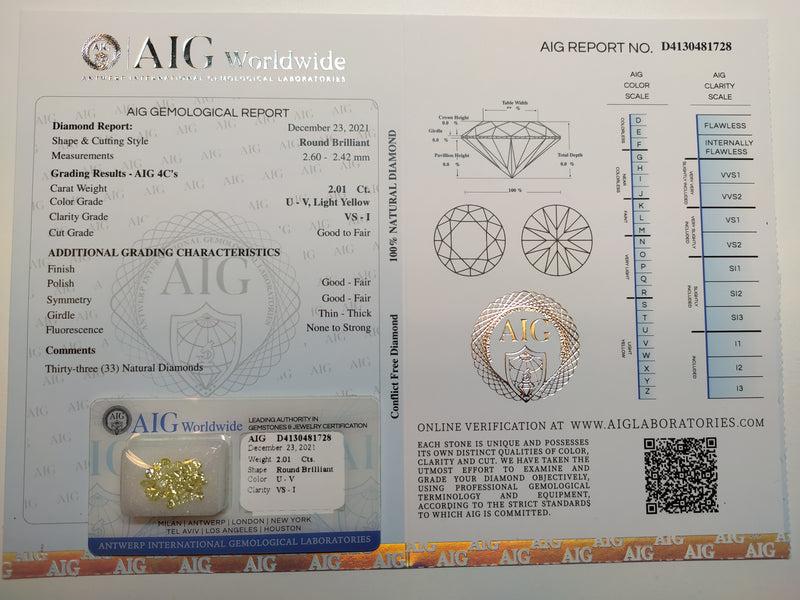 Round U - V, Light Yellow Color Diamond 2.01 Carat - AIG Certified