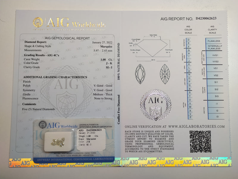 Marquise J - K Color Diamond 1.08 Carat - AIG Certified