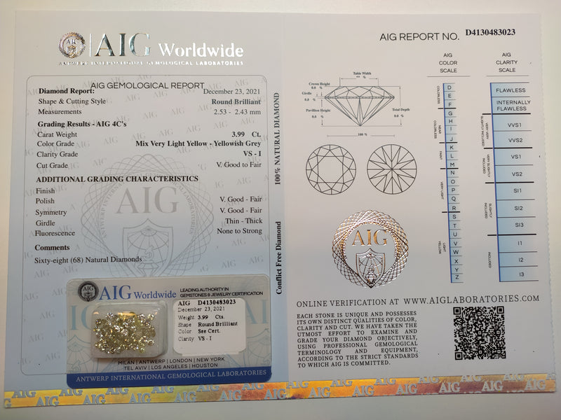Round Mix Very Light Yellow - Yellowish Grey Color Diamond 3.99 Carat - AIG Certified