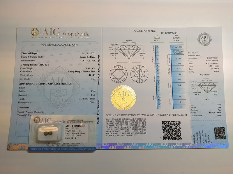 Round Fancy Blue Color Diamond 0.91 Carat - AIG Certified