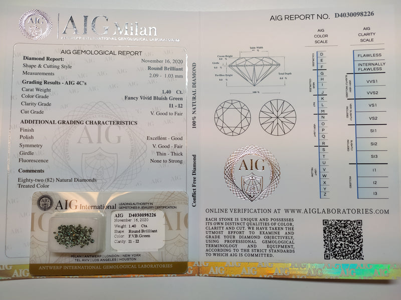 1.40 Carat Brilliant Round Fancy Vivid Bluish Green I1-I2 Diamonds-AIG Certified