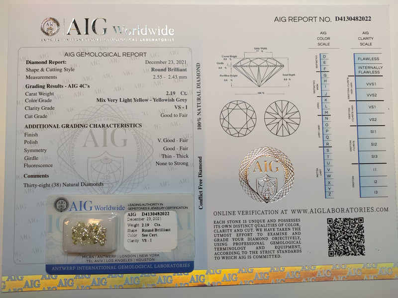 Round Mix Very Light Yellow - Yellowish Grey Color Diamond 2.19 Carat - AIG Certified