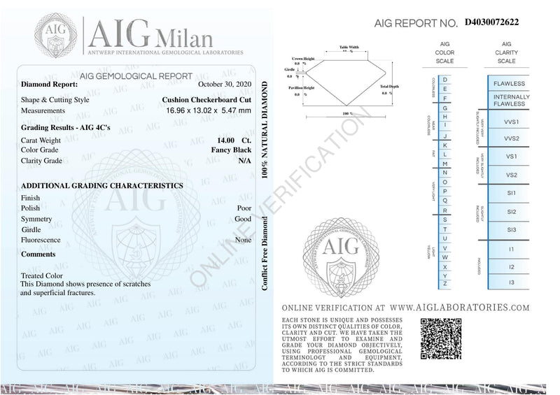 14.00 Carat Checkerboard Cushion Fancy Black Diamond-AIG Certified