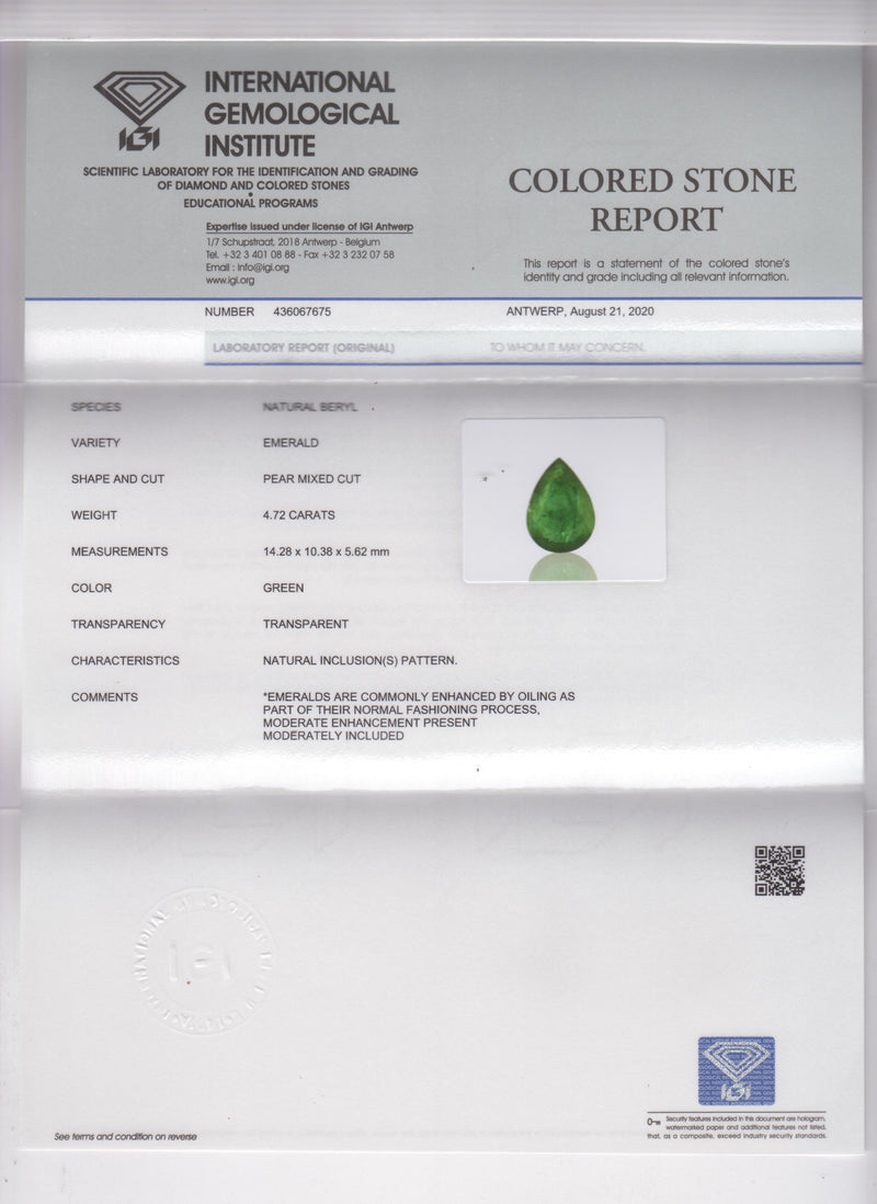 Pear Green Color Emerald Gemstone 4.72 Carat - IGI Certified