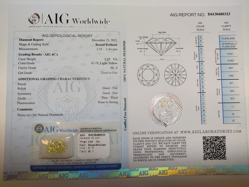 Round U - V, Light Yellow Color Diamond 2.23 Carat - AIG Certified