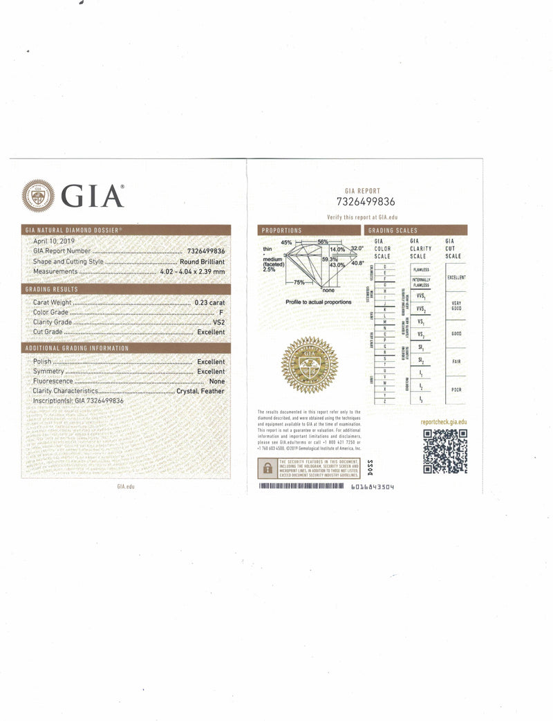 0.23 Carat Brilliant Round F VS2 Diamond-GIA Certified