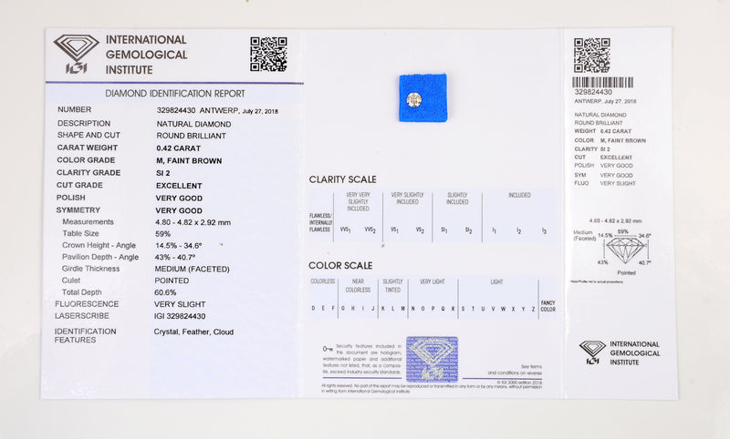 Round M, Faint Brown Color Diamond 0.42 Carat - IGI Certified