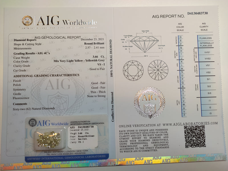 Round Mix Very Light Yellow - Yellowish Grey Color Diamond 3.66 Carat - AIG Certified