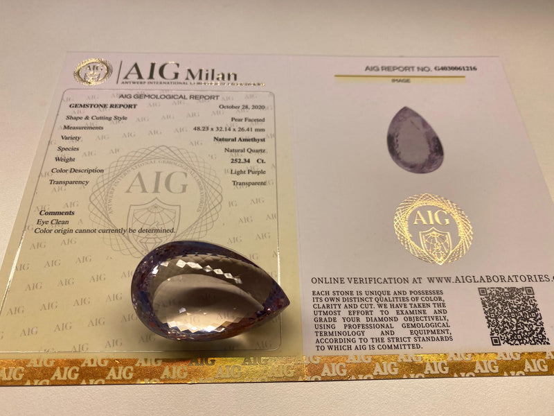 252.34 Carat Pear Light Purple Amethyst Gemstone