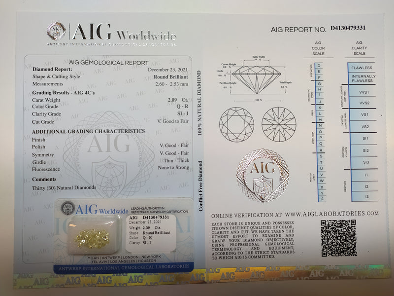 Round Q - R Color Diamond 2.09 Carat - AIG Certified