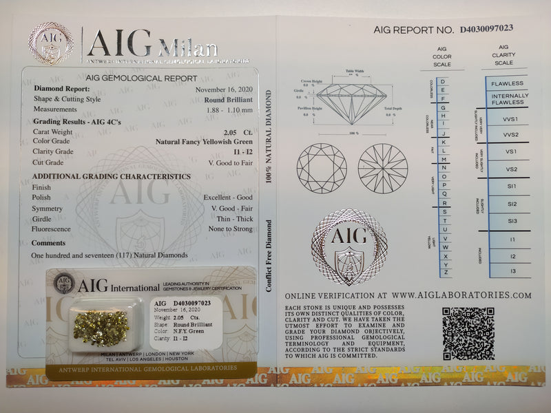 2.05 Carat Brilliant Round Fancy Yellowish Green I1-I2 Diamonds-AIG Certified