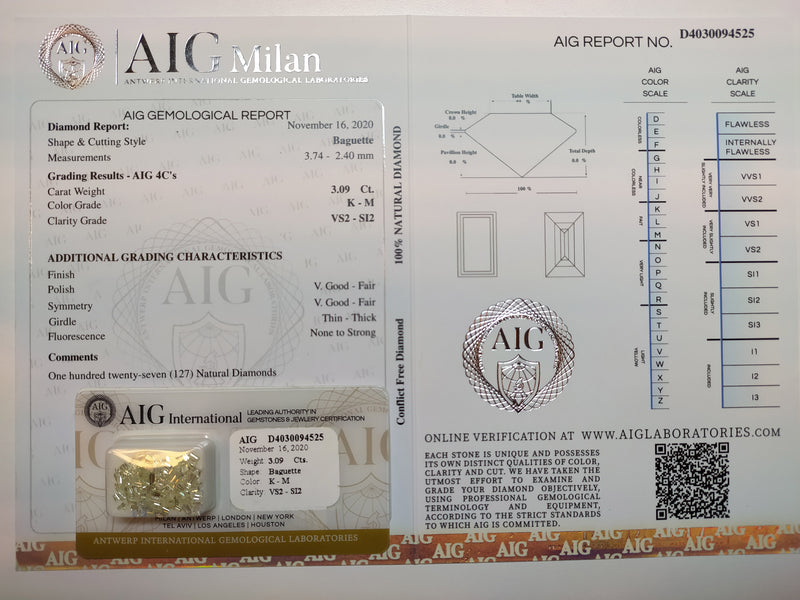 3.09 Carat Brilliant Baguette K-M VS2-SI2 Diamonds-AIG Certified