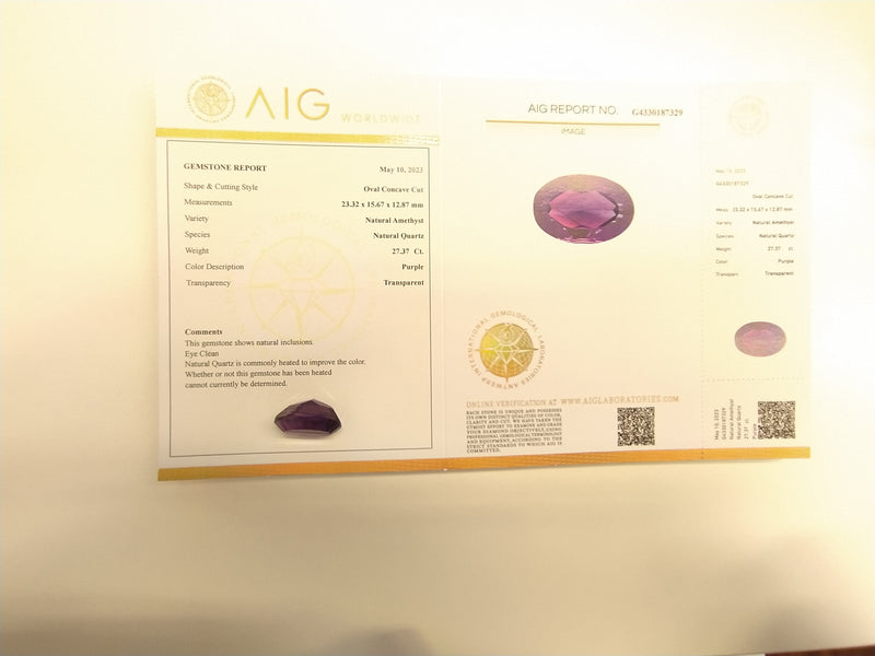 27.37 Carat Concave Cut Oval Purple  Amethyst AIG Certified