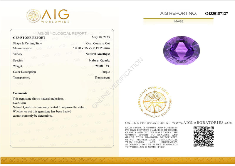 22.08 Carat Concave Cut Oval Purple  Amethyst AIG Certified