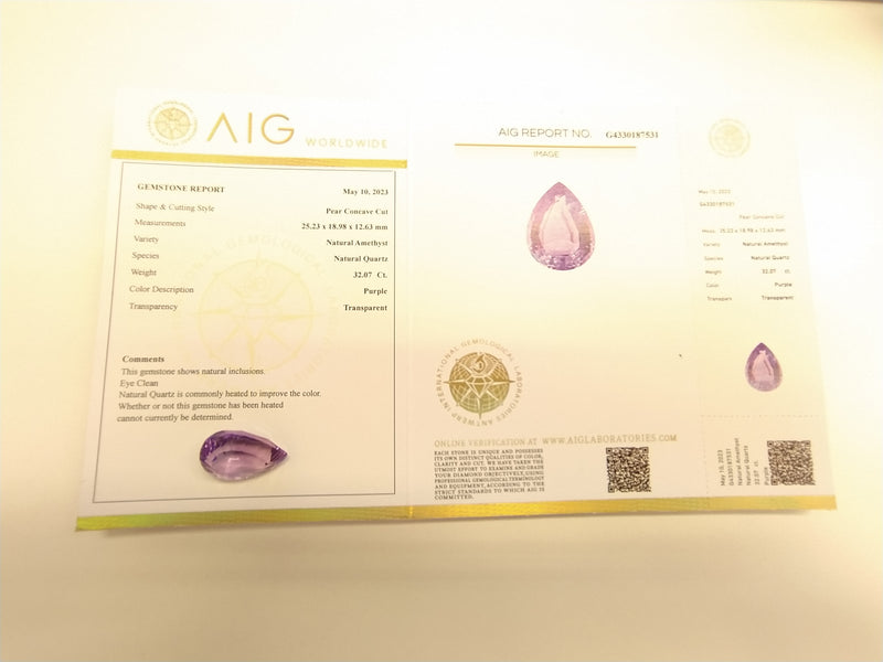 32.07 Carat Concave Cut Pear Purple  Amethyst AIG Certified