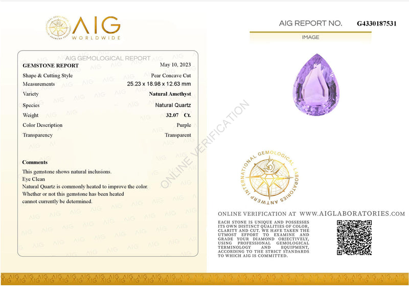 32.07 Carat Concave Cut Pear Purple  Amethyst AIG Certified