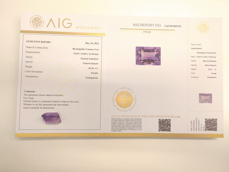 26.34 Carat Concave Cut Rectangular Purple  Amethyst AIG Certified