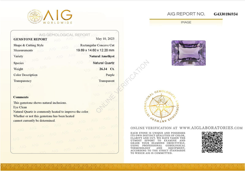 26.34 Carat Concave Cut Rectangular Purple  Amethyst AIG Certified