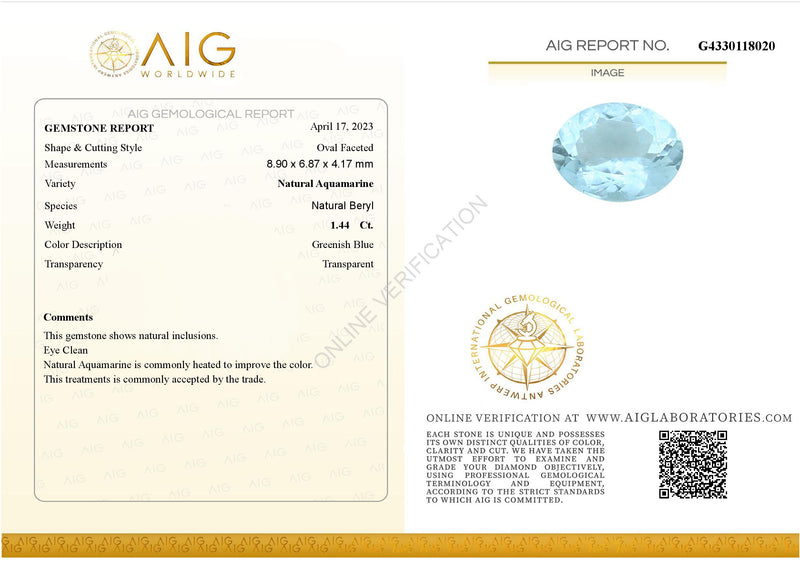 1.44 Carat Faceted Oval Greenish Blue  Aquamarine AIG Certified