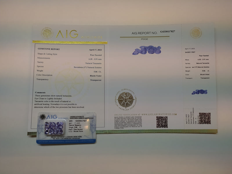 5.86 Carat Faceted Pear Bluish Violet  Tanzanite AIG Certified