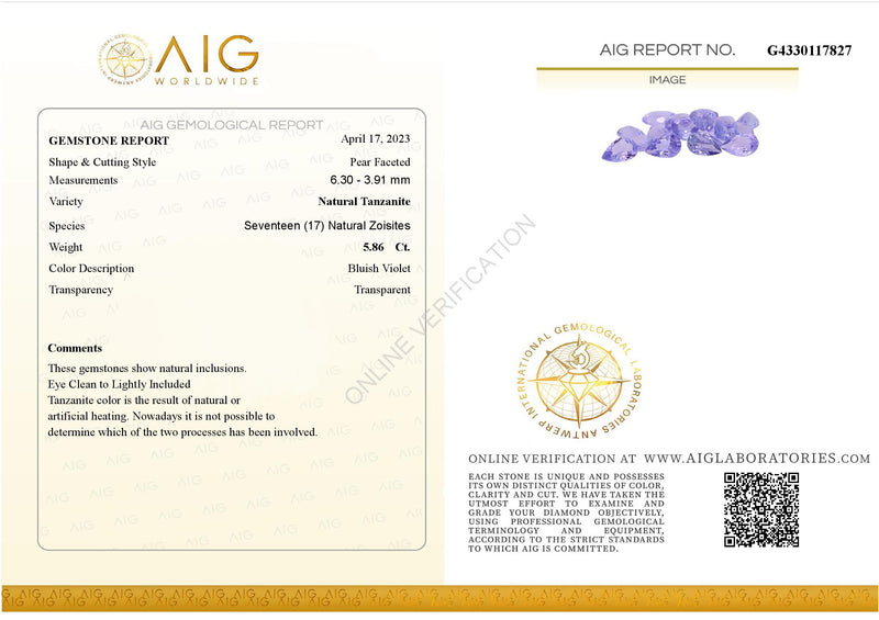 5.86 Carat Faceted Pear Bluish Violet  Tanzanite AIG Certified